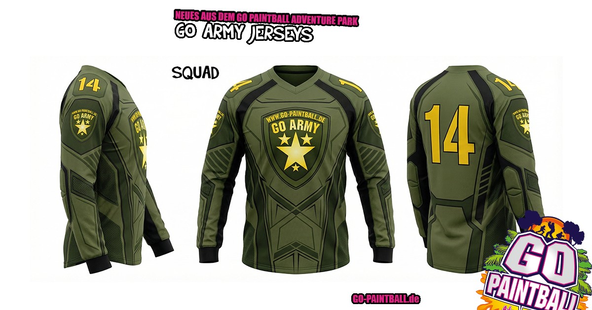 GO ARMY Jersey Entwürfe SQUAD und TEAM in Oliv mit gelbem Stern-Wappen